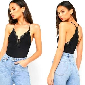 Topshop Ribbed Lace Bodysuit Snap Black